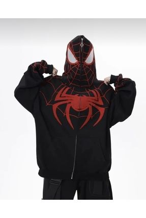 Spiderman Örümcek Adam Maske Detay Kapüşonlu Oversize Siyah Kırmızı Unisex Hoodie Hırka