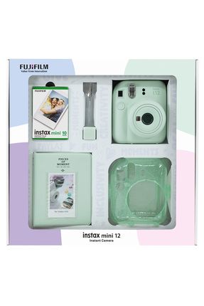Instax mini 12 Yeşil Fotoğraf Makinesi 10'lu Film Simli Pleksi Kılıf PVC Albüm ve Kıskaçlı Resim Sta