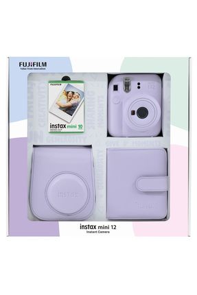 Instax mini 12 Lila Fotoğraf Makinesi 10'lu Film Kare Albüm ve Deri Kılıf Bundle Box