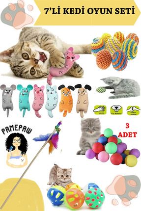 7'li Set : Kedi Nanesi Kokulu Peluş Oyuncak , Sarma Top , Olta , 3'lü Mini Top , Çıngıraklı Top