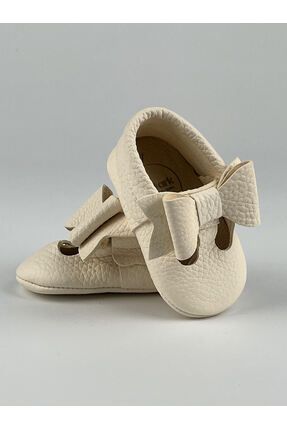 Hakiki Deri Krem Kelebek Fiyonklu Kız Bebek Ayakkabısı Makosen Patik
