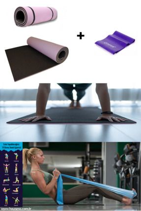 8,5 mm Çift Taraflı Pilates Matı Kamp Minderi ve Direnç Bandı Egzersiz Lastiği ( 2'li Pilates Seti )
