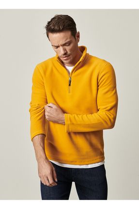 Erkek Sarı Anti-pilling Tüylenme Yapmayan Standart Fit Dik Yaka Soğuk Geçirmez Polar Sweatshirt