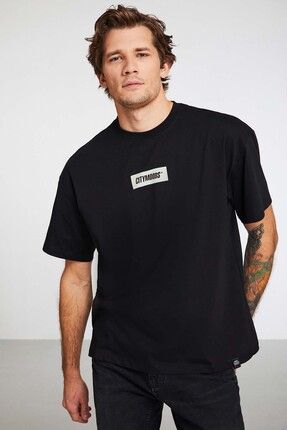 Inventıon Erkek Oversize Fit %100 Pamuk Kalın Dokulu Baskılı Siyah T-shirt