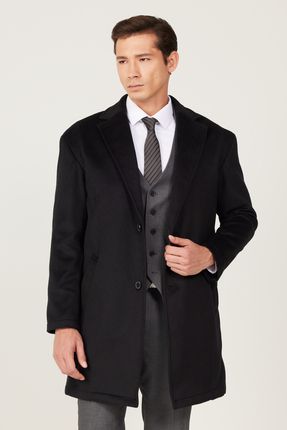 Erkek Siyah Oversize Fit Bol Kesim Mono Yaka Desenli Kaşe Palto