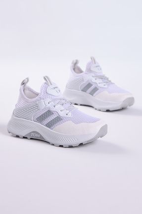 Çocuk Unisex Beyaz Gümüş Rahat Kalıp Nefes Alabilen Kumaş Bağcıklı Sneaker