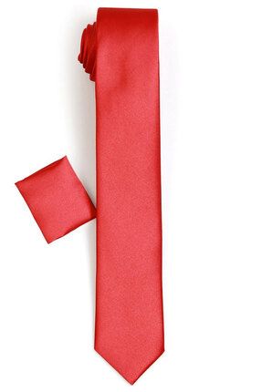 Erkek Bayrak Kırmızısı Slim Dar Kesim Mendilli Kravat FG01