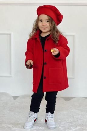 Kız Çocuk Şapkalı Kışlık Kaşe Kaban - Kırmızı