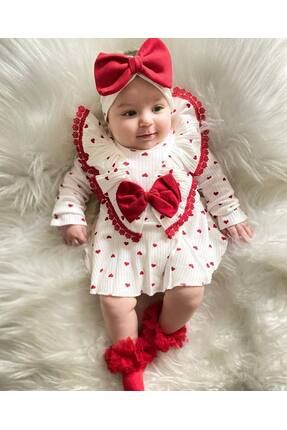 Kırmızı Kalpli Pamuklu Yeni Doğan Bandanalı Romper Salopet Kız Bebek Mevlüt Takımı