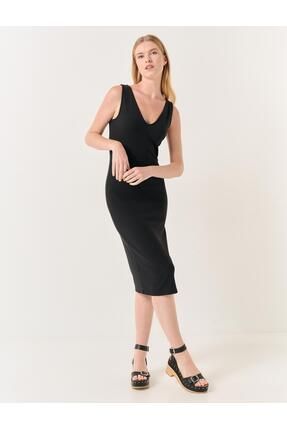 Siyah V Yaka Kolsuz Midi Örme Elbise 23SE070071