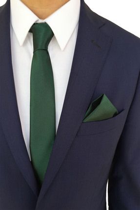 Yeşil ince kravat mendil seti