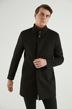 Slim Fit Siyah Viskon Karışımlı Palto