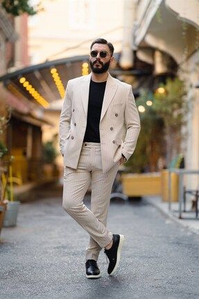 İtalyan Kesim Kruvaze Erkek Krem Takım Elbise - Slım Fıt SD4858