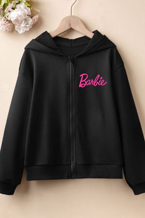 Kız Çocuk Hırka Fermuarlı Barbie Baskılı Pembe Krem Siyah Çocuk Fermuarlı Sweatshirt