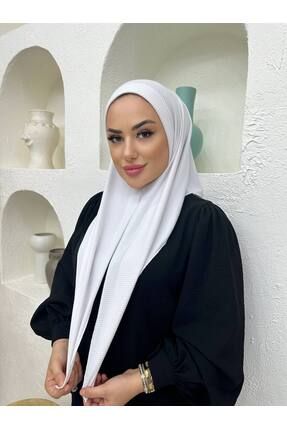 Hazır Şal Bağlamalı Beyaz Çizgili Pamuklu Ön Kısım Süngerli Hijab Pratik Eşarp Shawl B001