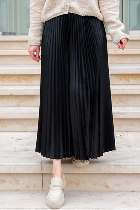 Kadın Deri Görünümlü Beli Lastikli Uzun Piliseli Etek Siyah