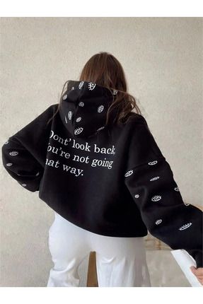 Oversize Siyah Sırt Baskılı Kapüşonu Göz Baskı Detaylı Sweatshirt