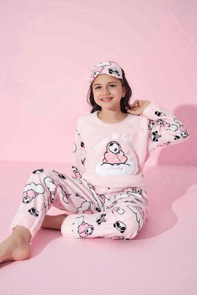 Kız Genç Ve Çocuk Panda Desenli Uzun Kollu Polar Peluş Kumaş Kışlık Sıcak Tutan Pijama Takımı 2312-2313-2314