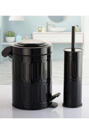 Pedallı Çöp Kovası Tuvalet Wc Fırçası Banyo Çöp Kovası 2'li Banyo Seti 5 Litre Siyah Vintage