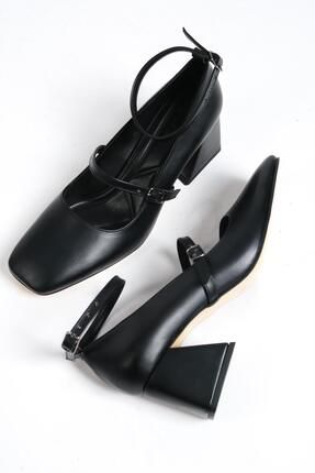 Kulia Siyah Mat Mary Jane Küt Burun Bantlı Ayakkabı