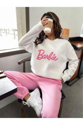 Barbie Yazılı Eşofman Takımı Beyaz Sweatshirt Pembe Jogger - Baskılı Oversize Bisiklet Yaka