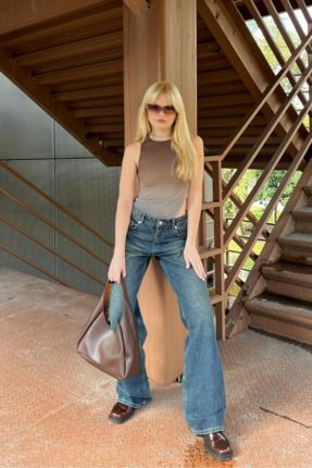 Koyu Mavi Soluk Efektli Wide Leg Geniş Paça Jeans