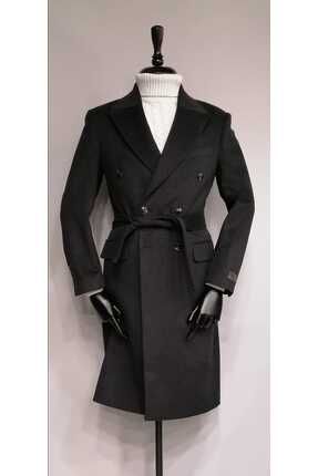 Özel Üretim Antrasit Kruvaze Yaka Regular Fit Ceket Üstü Giyilebilir Uzun Yün Palto