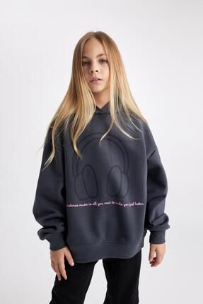 Kız Çocuk Oversize Fit Kapüşonlu İçi Yumuşak Tüylü Kalın Sweatshirt