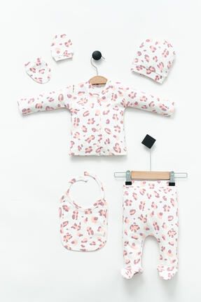 Hastane Çıkış Setleri Leopar %100 Pamuk Penye 5'li Set Yenidoğan Bebek Kıyafetleri - Hediye Paketl