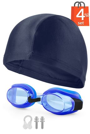 4lü Set Yüzücü Gözlüğü Kumaş Bone Kulak Ve Burun Tıkaçlı Set Yüzme Havuz Deniz Gözlüğü Lacivert