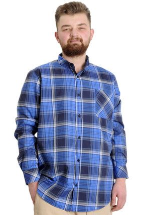 Mode Xl Büyük Beden Erkek Gömlek Ekose Uzun Kollu 23300 Koyu Mavi