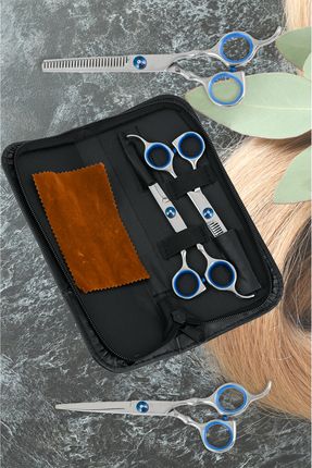 2 Parça Deri Çantalı Titanium Blue Saç Kesim Makası ve Ara Makas Seti