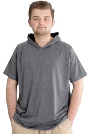 Mode Xl Büyük Beden Erkek T-shirt Kapşonlu Kısa Kol 23118 Antramelanj