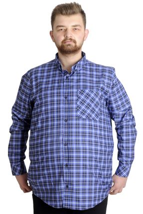 Mode Xl Büyük Beden Erkek Gömlek Ekose Uzun Kollu 23300 Koyu Saks