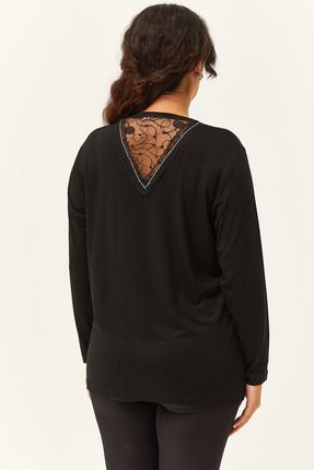Kadın Büyük Beden Sırt Transparan Tül Detaylı Siyah Bluz 10209