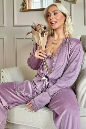 Mor Violet Exclusive Kadife Sabahlıklı Kadın Pijama Takımı 2484