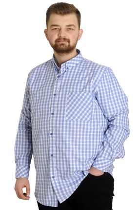 Mode Xl Büyük Beden Erkek Ekose Uzun Kollu Cepli Gömlek 23300 Mavi