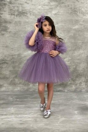 Ponponlu Lila Renk Kız Çocuk Abiye Elbise ABY997