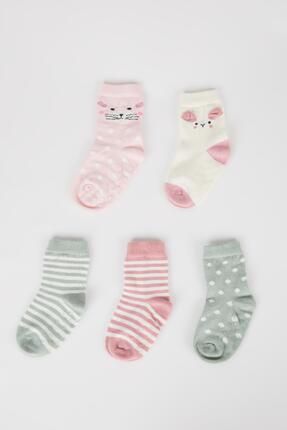 Kız Bebek Kaydırmaz Taban 5'li Pamuklu Uzun Çorap