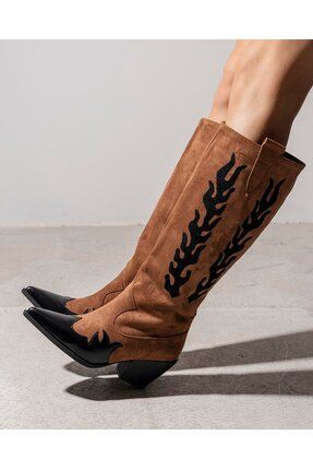 Kovboy Scandalous Kadın Sivri Burunlu Nakışlı Diz Altı Çizme, Sıcak astar Western Kadın Çizme