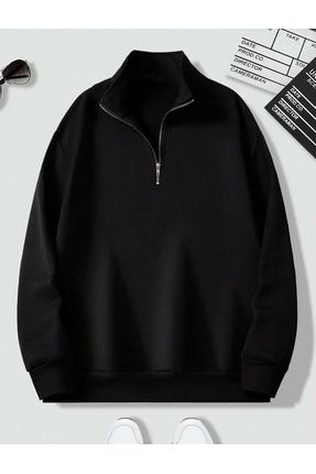 Yarım Fermuarlı Dik Yaka Siyah Unisex Sweatshirt