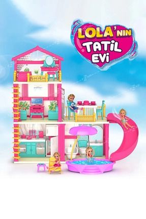 Lola'nın Tatil Evi 3 Katlı 4 Odalı Teraslı Su Kaydıraklı Barbie Evi Oyuncak Evcilik Seti Oyun Evi