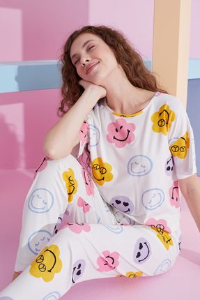 gülen surat desenli likralı Örme Pijama Takım