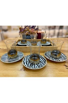 Zebra Porselen Tabaklı Çay Bardağı Seti 6'lı (12 parça)