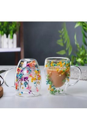 Isıya Dayanıklı Borosilikat Çift Çidarlı Flower Cup Çiçekli Bardak | Çiçekli Kahve Sunum Bardağı