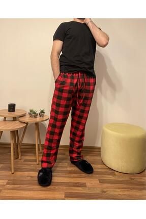 Erkek %100 Pamuk Kareli Beli Lastikli Cepli Pijama Altı Kırmızı Pencere Kare