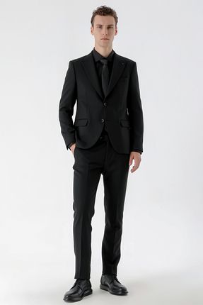 Erkek Siyah Basic Düz Slim Fit Takım Elbise (GÖMLEK,KRAVAT HEDİYE)