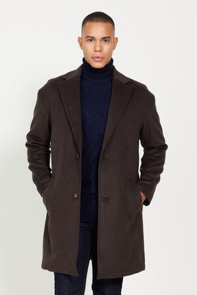 Erkek Kahverengi Oversize Fit Bol Kesim Mono Yaka Desenli Kaşe Palto