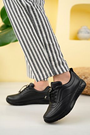 Siyah Cilt Streç Kadın Şık Günlük Rahat Ortopedik PU Deri Kaymaz Taban Babet Ayakkabı