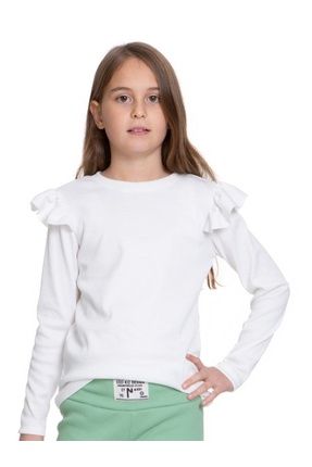 Kız Çocuk Kolu Fırfırlı Fitilli Düz Beyaz Badi Swetshirt